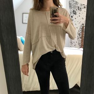 Tan patched piko long sleeve shirt